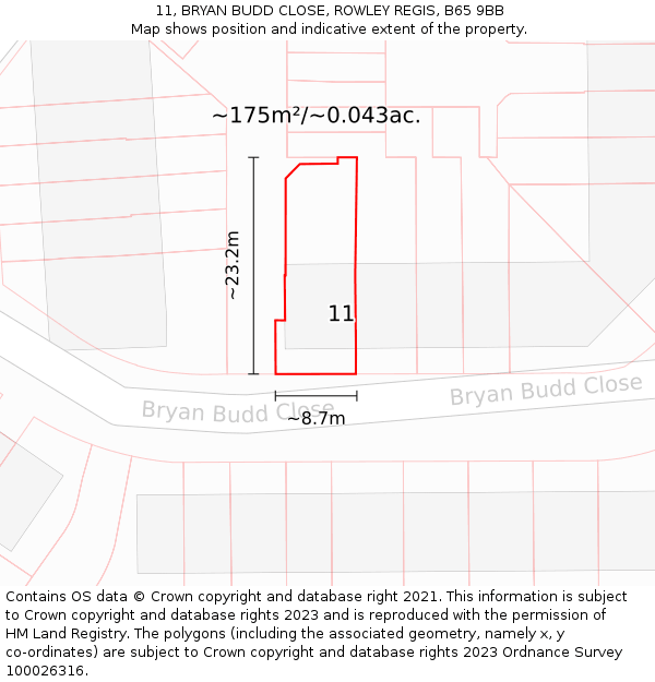 11, BRYAN BUDD CLOSE, ROWLEY REGIS, B65 9BB: Plot and title map