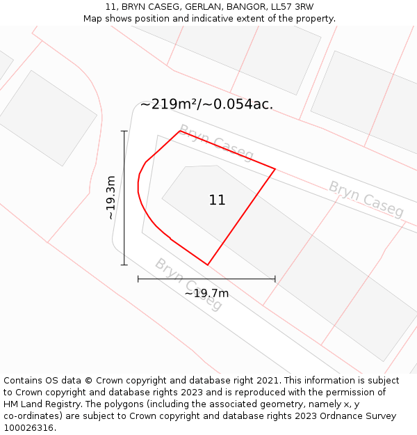 11, BRYN CASEG, GERLAN, BANGOR, LL57 3RW: Plot and title map