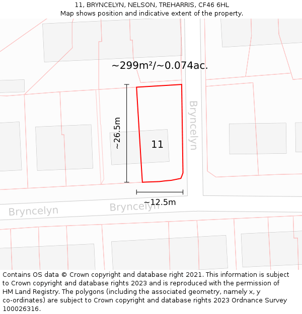11, BRYNCELYN, NELSON, TREHARRIS, CF46 6HL: Plot and title map