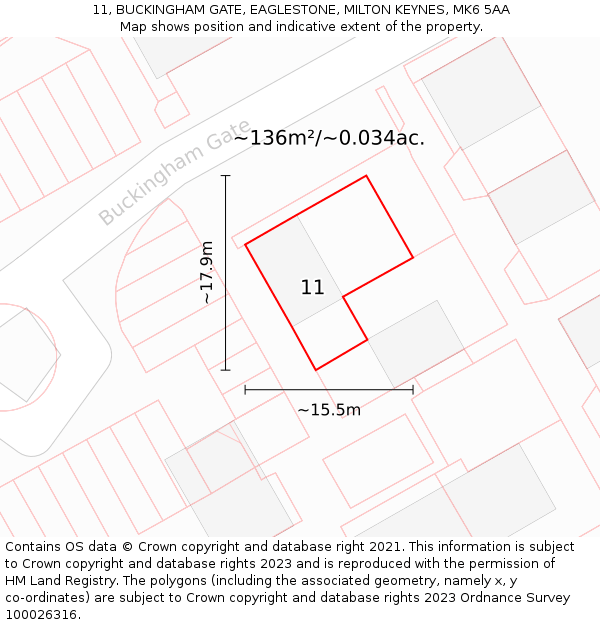 11, BUCKINGHAM GATE, EAGLESTONE, MILTON KEYNES, MK6 5AA: Plot and title map