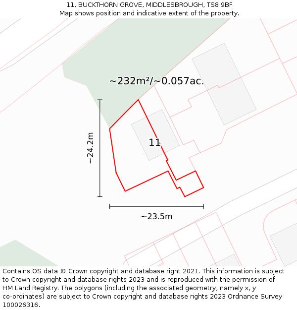 11, BUCKTHORN GROVE, MIDDLESBROUGH, TS8 9BF: Plot and title map