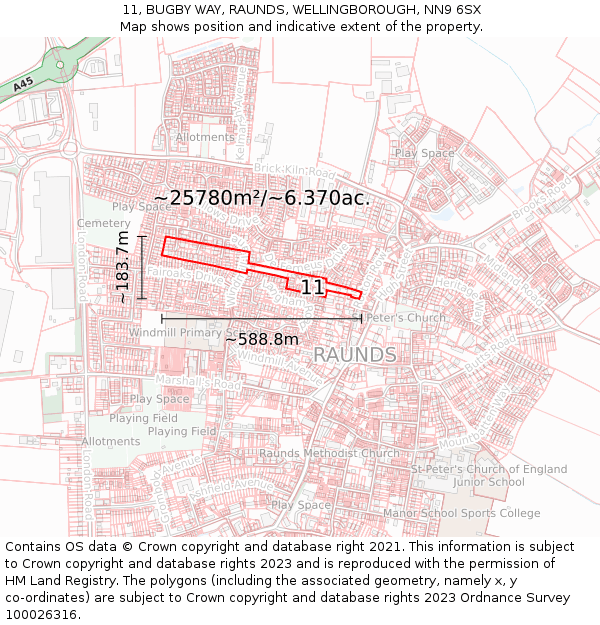 11, BUGBY WAY, RAUNDS, WELLINGBOROUGH, NN9 6SX: Plot and title map