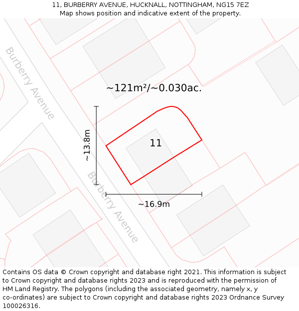 11, BURBERRY AVENUE, HUCKNALL, NOTTINGHAM, NG15 7EZ: Plot and title map