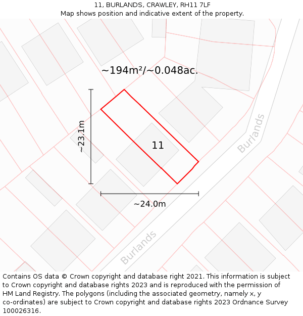 11, BURLANDS, CRAWLEY, RH11 7LF: Plot and title map