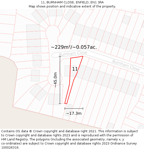 11, BURNHAM CLOSE, ENFIELD, EN1 3RA: Plot and title map