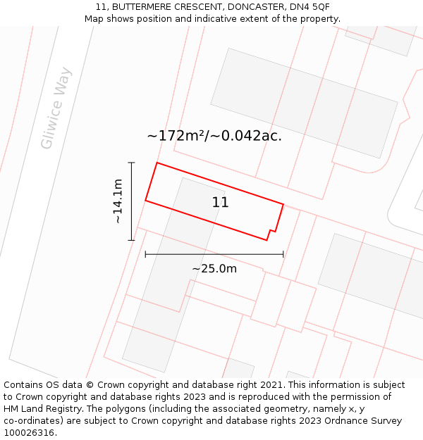 11, BUTTERMERE CRESCENT, DONCASTER, DN4 5QF: Plot and title map