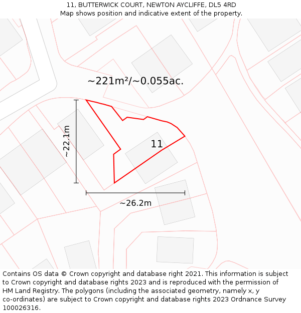 11, BUTTERWICK COURT, NEWTON AYCLIFFE, DL5 4RD: Plot and title map