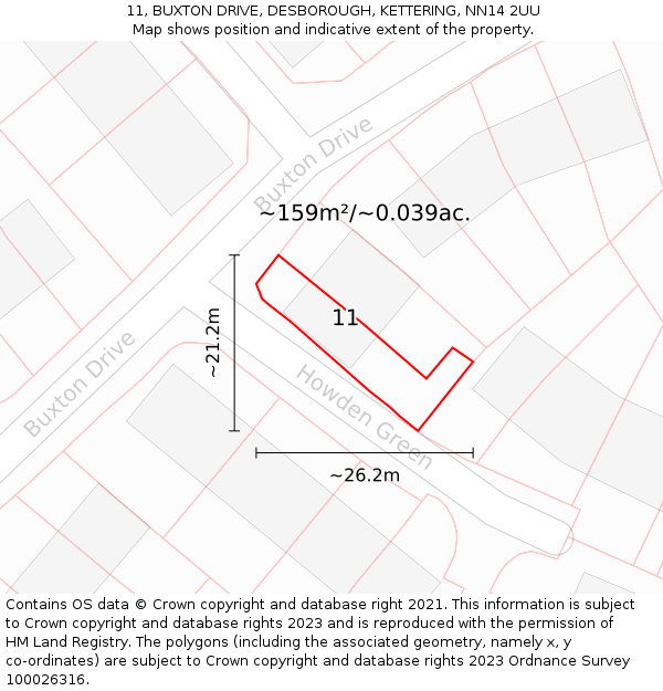 11, BUXTON DRIVE, DESBOROUGH, KETTERING, NN14 2UU: Plot and title map