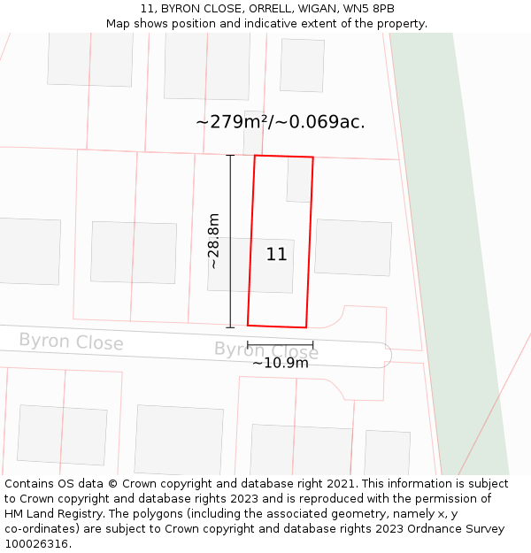 11, BYRON CLOSE, ORRELL, WIGAN, WN5 8PB: Plot and title map