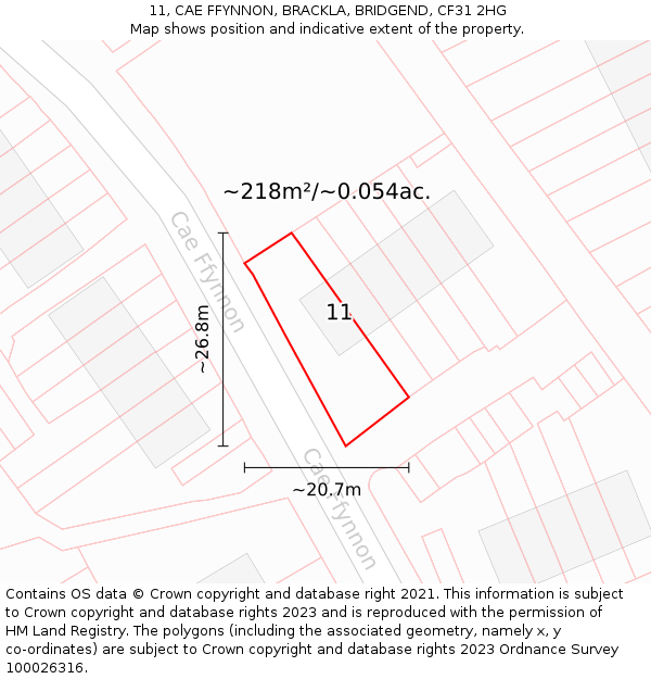 11, CAE FFYNNON, BRACKLA, BRIDGEND, CF31 2HG: Plot and title map