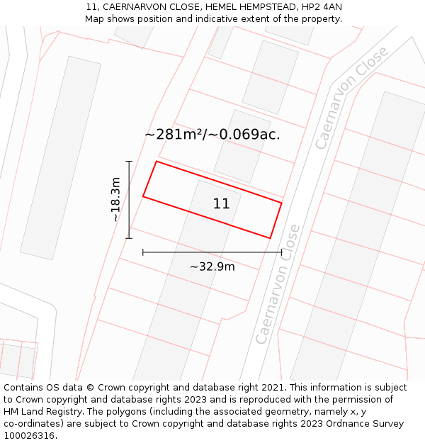 11, CAERNARVON CLOSE, HEMEL HEMPSTEAD, HP2 4AN: Plot and title map