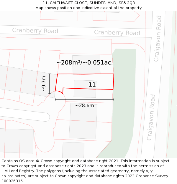 11, CALTHWAITE CLOSE, SUNDERLAND, SR5 3QR: Plot and title map