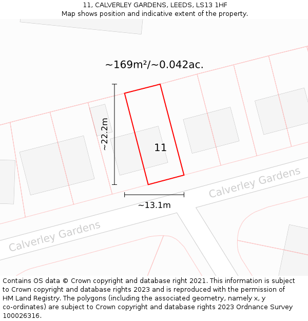 11, CALVERLEY GARDENS, LEEDS, LS13 1HF: Plot and title map