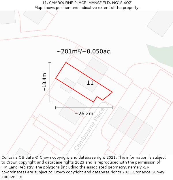 11, CAMBOURNE PLACE, MANSFIELD, NG18 4QZ: Plot and title map