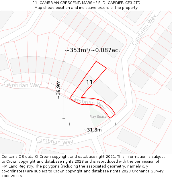 11, CAMBRIAN CRESCENT, MARSHFIELD, CARDIFF, CF3 2TD: Plot and title map