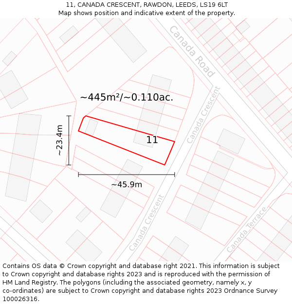 11, CANADA CRESCENT, RAWDON, LEEDS, LS19 6LT: Plot and title map