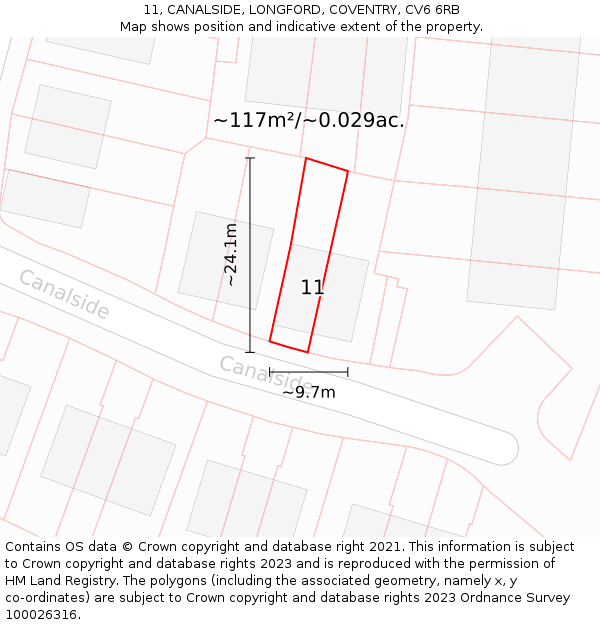 11, CANALSIDE, LONGFORD, COVENTRY, CV6 6RB: Plot and title map