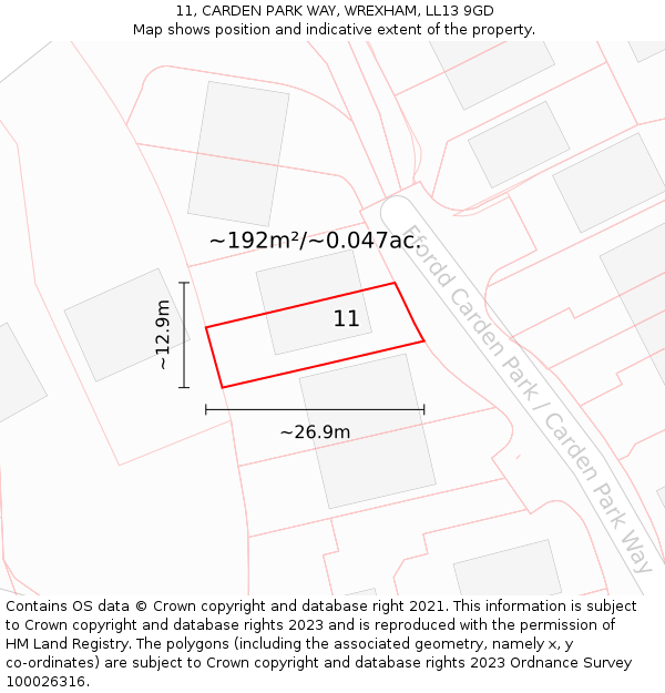 11, CARDEN PARK WAY, WREXHAM, LL13 9GD: Plot and title map