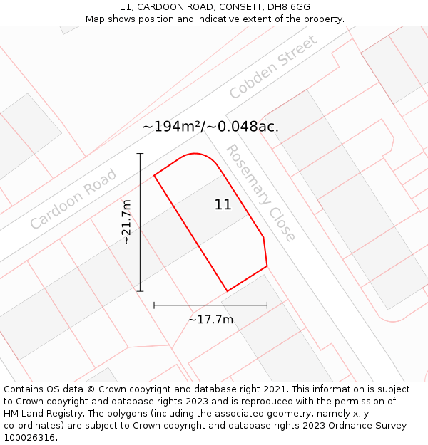 11, CARDOON ROAD, CONSETT, DH8 6GG: Plot and title map