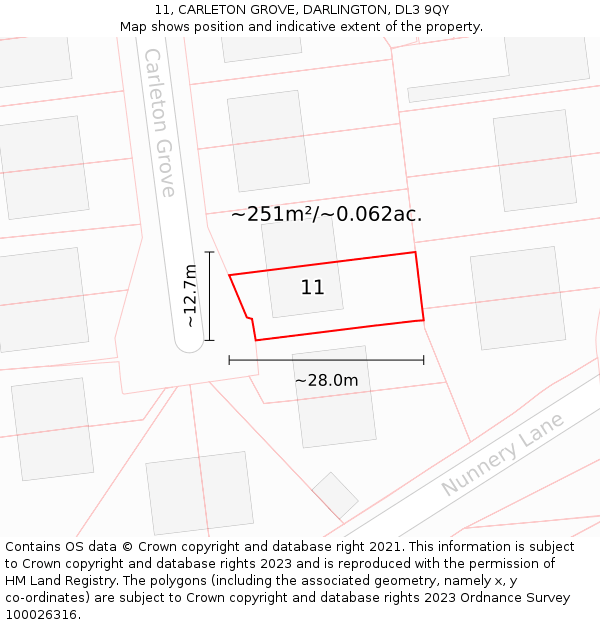 11, CARLETON GROVE, DARLINGTON, DL3 9QY: Plot and title map