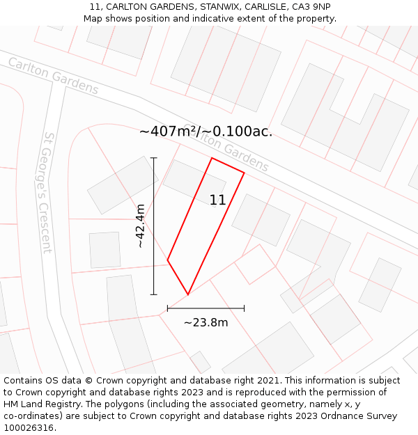 11, CARLTON GARDENS, STANWIX, CARLISLE, CA3 9NP: Plot and title map
