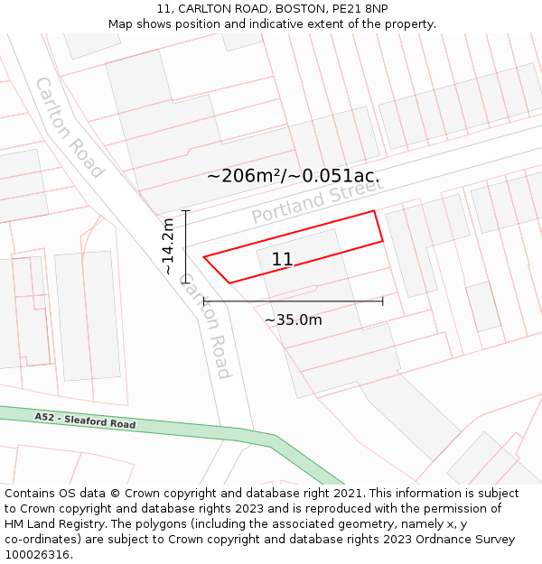 11, CARLTON ROAD, BOSTON, PE21 8NP: Plot and title map
