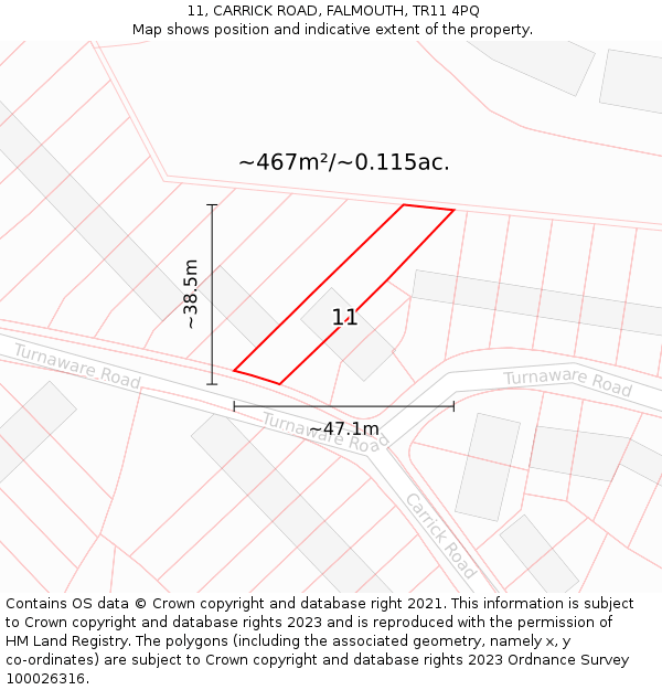 11, CARRICK ROAD, FALMOUTH, TR11 4PQ: Plot and title map