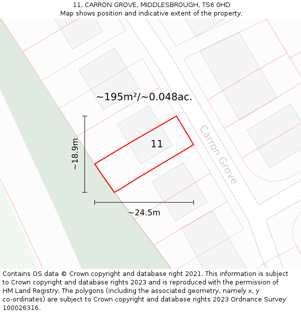 11, CARRON GROVE, MIDDLESBROUGH, TS6 0HD: Plot and title map