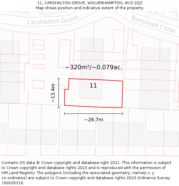 11, CARSHALTON GROVE, WOLVERHAMPTON, WV2 2QZ: Plot and title map