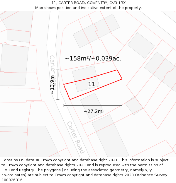 11, CARTER ROAD, COVENTRY, CV3 1BX: Plot and title map