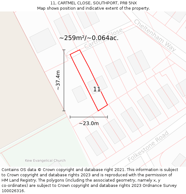 11, CARTMEL CLOSE, SOUTHPORT, PR8 5NX: Plot and title map