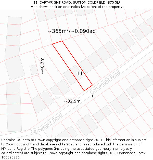 11, CARTWRIGHT ROAD, SUTTON COLDFIELD, B75 5LF: Plot and title map