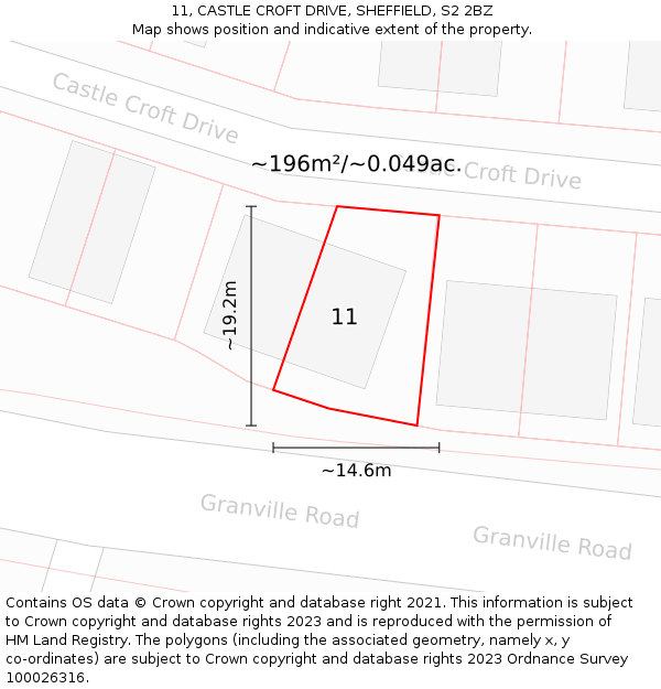 11, CASTLE CROFT DRIVE, SHEFFIELD, S2 2BZ: Plot and title map