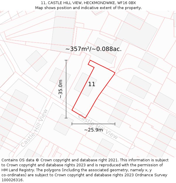 11, CASTLE HILL VIEW, HECKMONDWIKE, WF16 0BX: Plot and title map