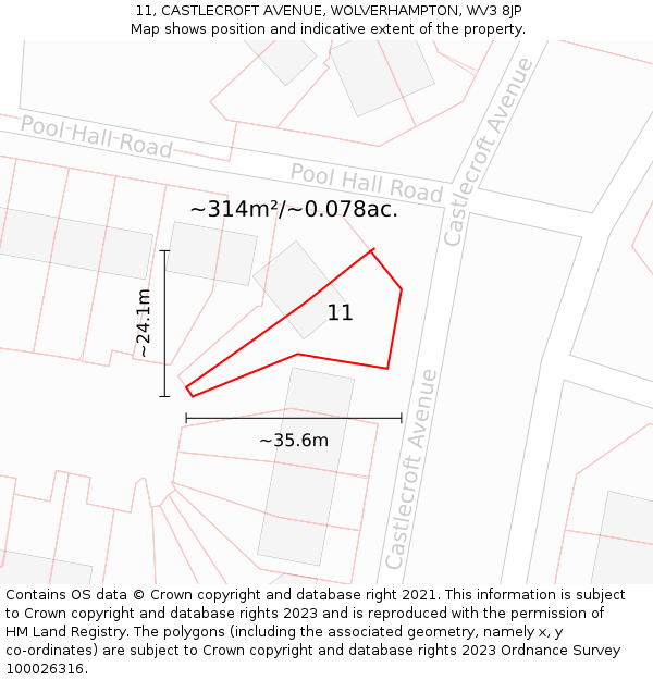 11, CASTLECROFT AVENUE, WOLVERHAMPTON, WV3 8JP: Plot and title map