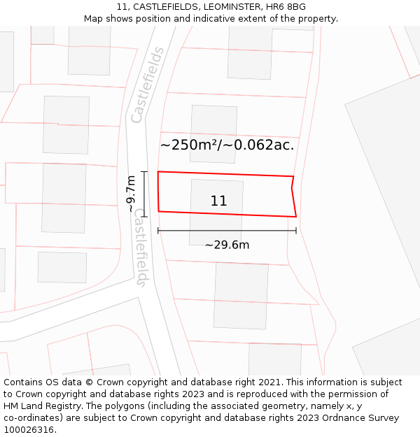 11, CASTLEFIELDS, LEOMINSTER, HR6 8BG: Plot and title map