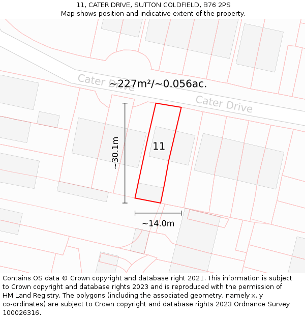 11, CATER DRIVE, SUTTON COLDFIELD, B76 2PS: Plot and title map