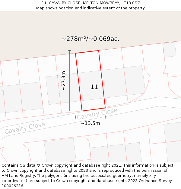 11, CAVALRY CLOSE, MELTON MOWBRAY, LE13 0SZ: Plot and title map