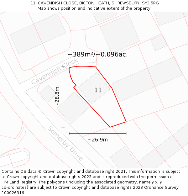 11, CAVENDISH CLOSE, BICTON HEATH, SHREWSBURY, SY3 5PG: Plot and title map