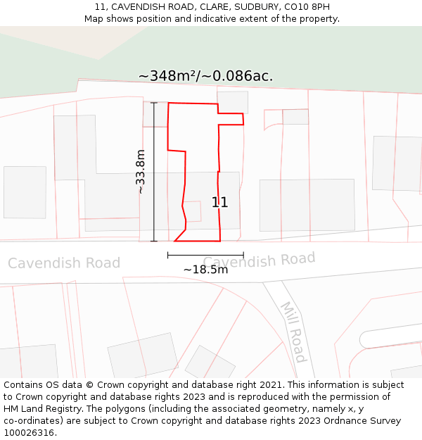11, CAVENDISH ROAD, CLARE, SUDBURY, CO10 8PH: Plot and title map
