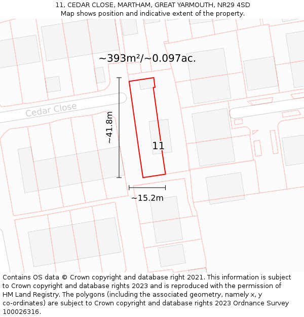 11, CEDAR CLOSE, MARTHAM, GREAT YARMOUTH, NR29 4SD: Plot and title map