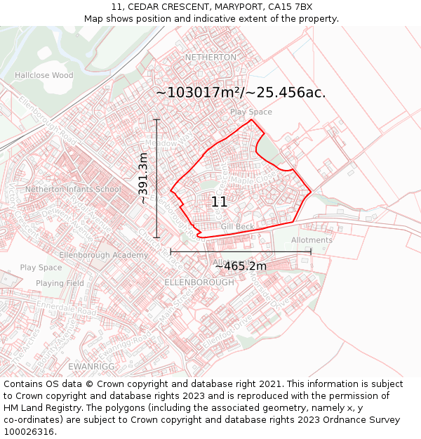 11, CEDAR CRESCENT, MARYPORT, CA15 7BX: Plot and title map