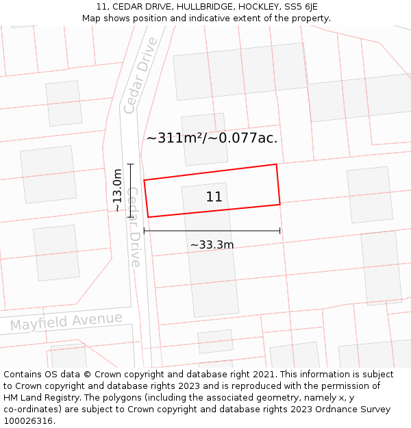 11, CEDAR DRIVE, HULLBRIDGE, HOCKLEY, SS5 6JE: Plot and title map