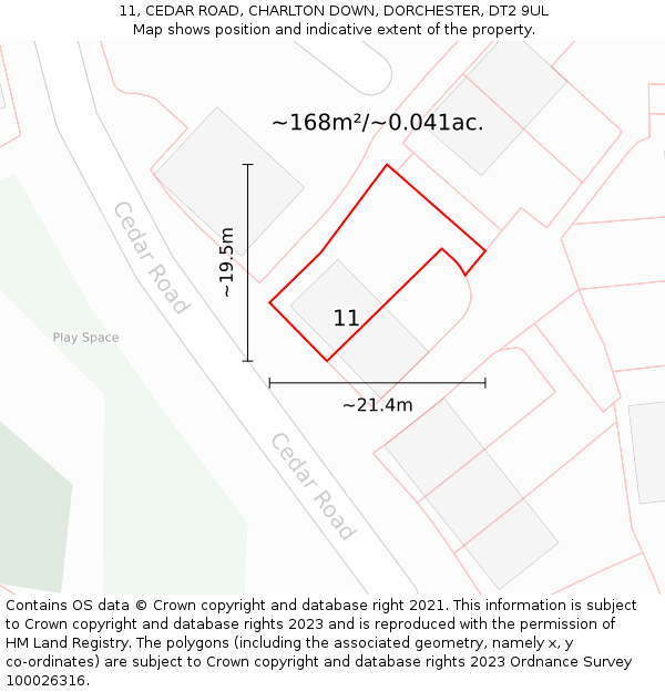 11, CEDAR ROAD, CHARLTON DOWN, DORCHESTER, DT2 9UL: Plot and title map