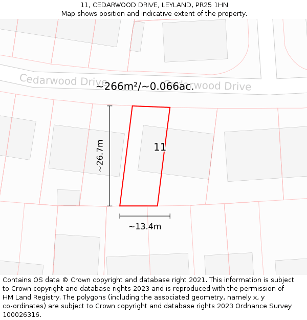 11, CEDARWOOD DRIVE, LEYLAND, PR25 1HN: Plot and title map