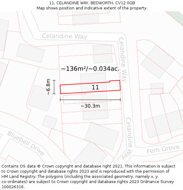 11, CELANDINE WAY, BEDWORTH, CV12 0GB: Plot and title map