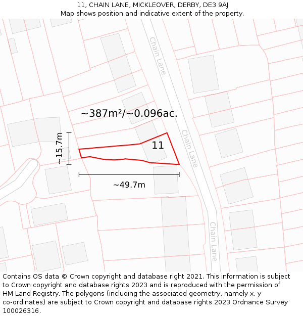 11, CHAIN LANE, MICKLEOVER, DERBY, DE3 9AJ: Plot and title map