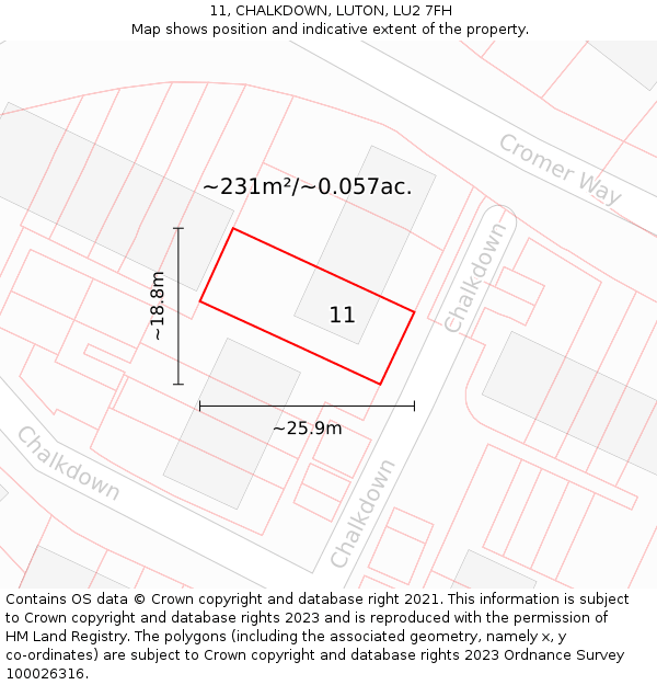 11, CHALKDOWN, LUTON, LU2 7FH: Plot and title map