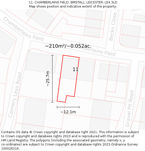 11, CHAMBERLAINS FIELD, BIRSTALL, LEICESTER, LE4 3LD: Plot and title map