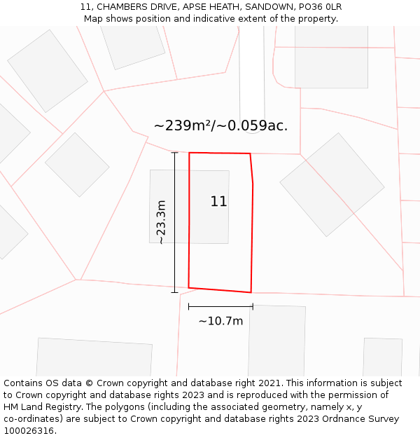 11, CHAMBERS DRIVE, APSE HEATH, SANDOWN, PO36 0LR: Plot and title map